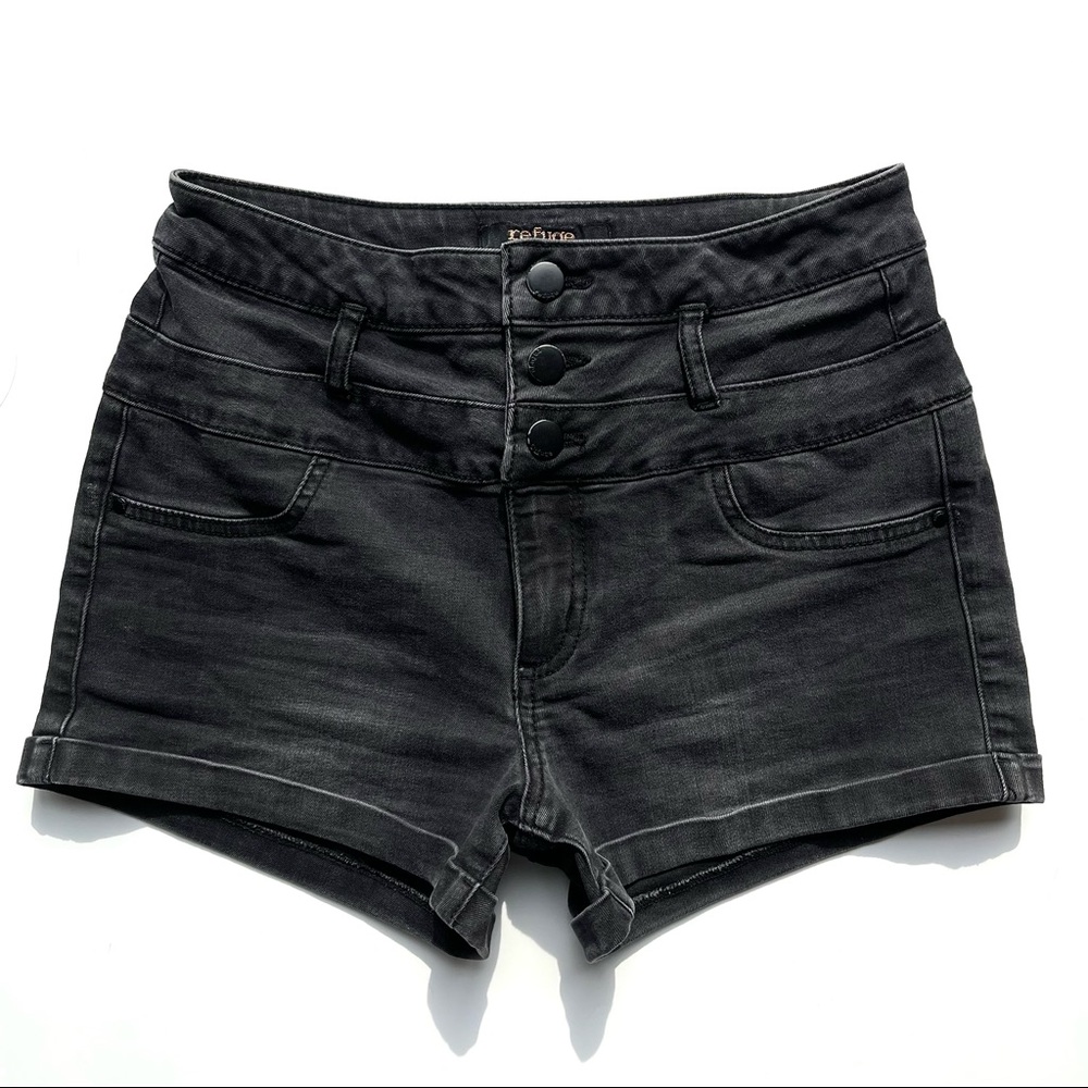 Refuge 3-Button Fly High Waist Black Wash Cuffed 2.5” Denim Jean Shorts